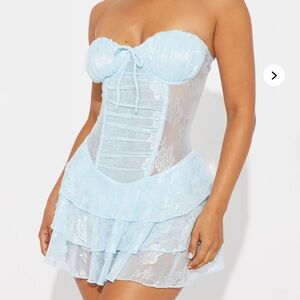 Light Baby Blue Lace Bustier micro mini romper dress